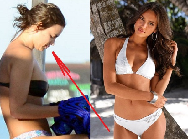 Ирина Шейк на плажа без грим и фотошоп (вляво) и моделката, когато позира професионално